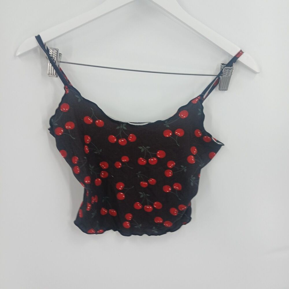 womens shein Black Cherry Print Cami Crop Top Sleeveless Spaghetti Strap XS